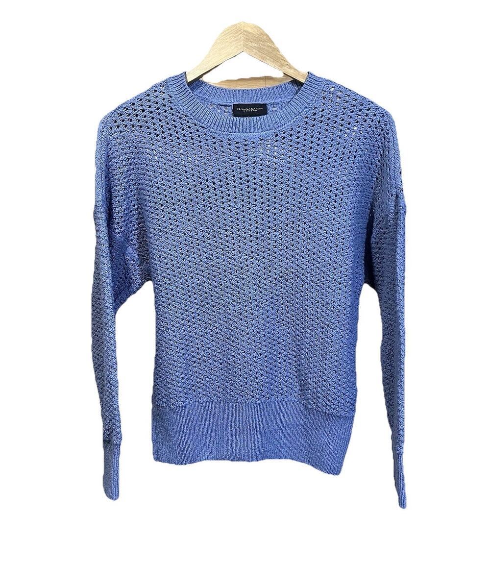 Donna Karan Open Knit Sweater Womens Size Small Blue Fisherman Coastal Nautical